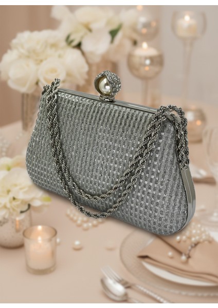 Gümüş Gri Renk Simli Taşlı Abiye Çanta | Lüks Düğün ve Gece Çantası fiyatları