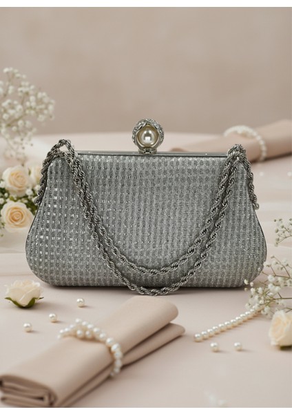 Gümüş Gri Renk Simli Taşlı Abiye Çanta | Lüks Düğün ve Gece Çantası modelleri