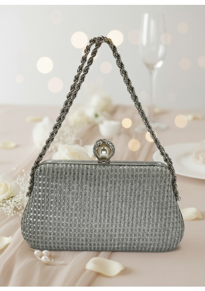 Gümüş Gri Renk Simli Taşlı Abiye Çanta | Lüks Düğün ve Gece Çantası indirimleri