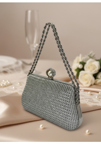 Gümüş Gri Renk Simli Taşlı Abiye Çanta | Lüks Düğün ve Gece Çantası
