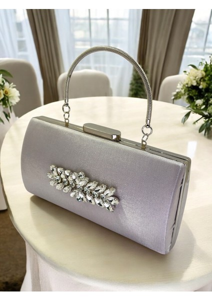 Gümüş Gri Kristal Taşlı Saten Abiye Çanta, Metal Saplı Şıklık fiyatları