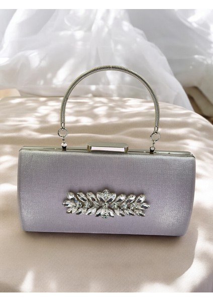 Gümüş Gri Kristal Taşlı Saten Abiye Çanta, Metal Saplı Şıklık modelleri