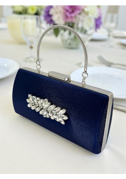 Lacivert Kristal Gümüş Taşlı Saten Abiye Çanta, Metal Saplı Şıklık fiyatları