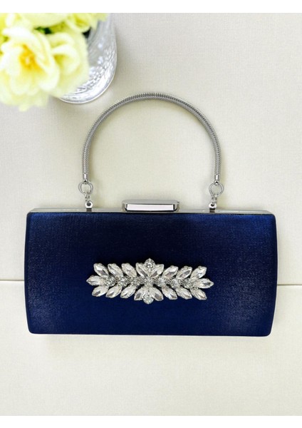 Lacivert Kristal Gümüş Taşlı Saten Abiye Çanta, Metal Saplı Şıklık modelleri