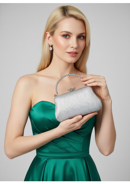 Gümüş Gri Lazer Çizgili Desenli Abiye Çanta Gece Nikah Düğün Nişan Mezuniyet Portföy