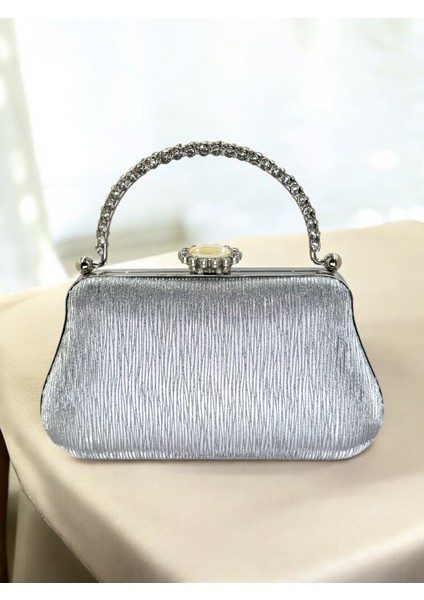 Gümüş Gri Lazer Çizgili Desenli Abiye Çanta Gece Nikah Düğün Nişan Mezuniyet Portföy modelleri