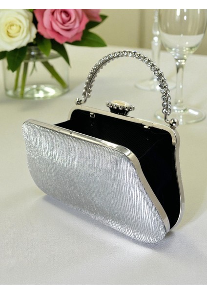 Gümüş Gri Lazer Çizgili Desenli Abiye Çanta Gece Nikah Düğün Nişan Mezuniyet Portföy fırsatları