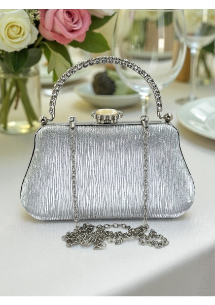 Gümüş Gri Lazer Çizgili Desenli Abiye Çanta Gece Nikah Düğün Nişan Mezuniyet Portföy indirimleri
