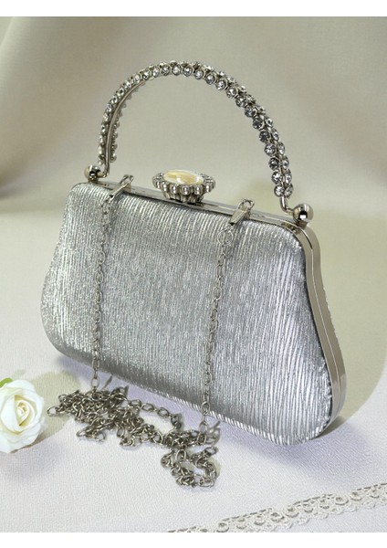 Gümüş Gri Lazer Çizgili Desenli Abiye Çanta Gece Nikah Düğün Nişan Mezuniyet Portföy