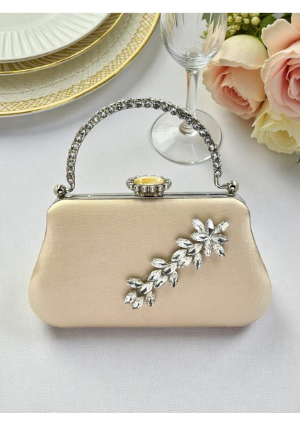 Ten Nude Renk Simli Saten Kristal Taşlı Saplı Kadın Abiye Çanta Düğün Nişan Mezuniyet modelleri