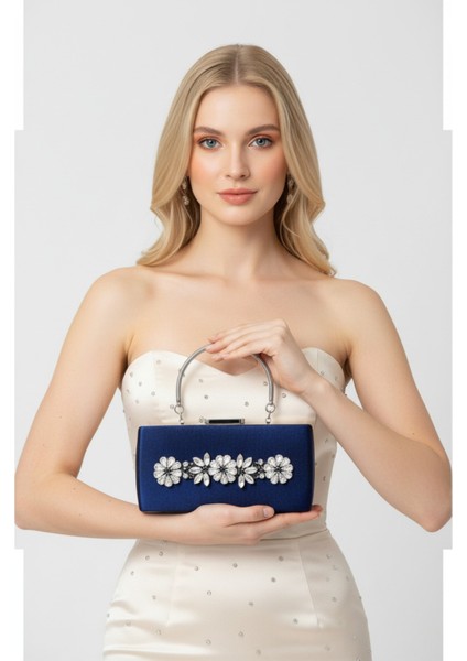 Lacivert Kristal Gümüş Taşlı Saten Abiye Çanta, Metal Saplı Şıklık