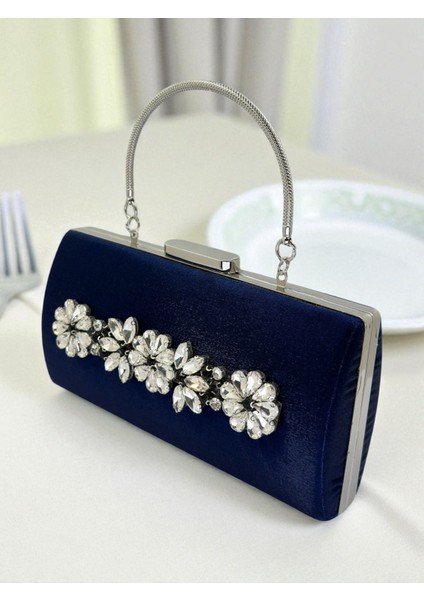 Lacivert Kristal Gümüş Taşlı Saten Abiye Çanta, Metal Saplı Şıklık fiyatları