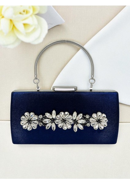 Lacivert Kristal Gümüş Taşlı Saten Abiye Çanta, Metal Saplı Şıklık modelleri