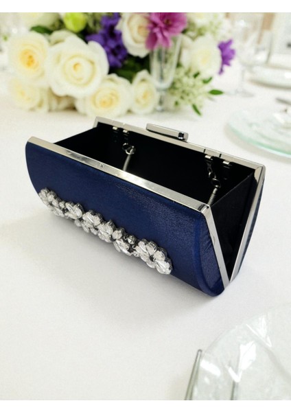 Lacivert Kristal Gümüş Taşlı Saten Abiye Çanta, Metal Saplı Şıklık fırsatları