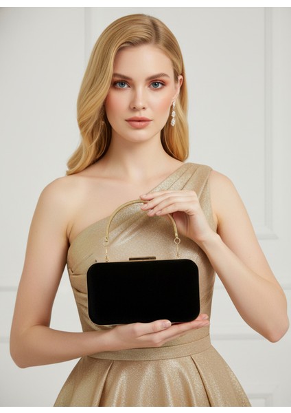 Zarif Siyah Süet Abiye Çanta | Gümüş Kristal Taşlı Gece Clutch