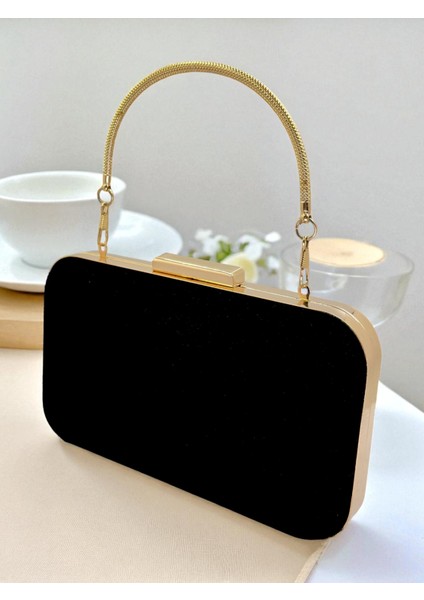 Zarif Siyah Süet Abiye Çanta | Gümüş Kristal Taşlı Gece Clutch