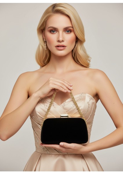 Siyah Renk Süet Zincir Detaylı Zincir Saplı Kadın Abiye Çanta Düğün Nişan Mezuniyet