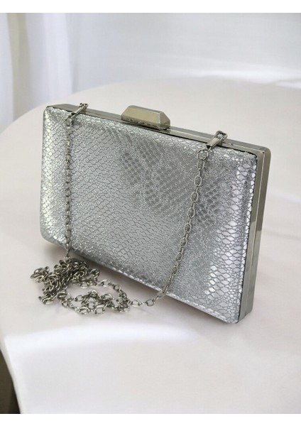 Gümüş Ithal Snake Yılan Lazer Sim Desenli Abiye Çanta
