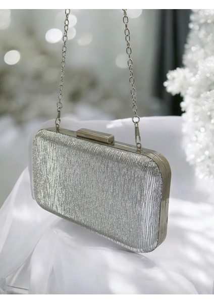 Gümüş Lazer Çizgili Desenli Abiye Çanta Gece Nikah Düğün Nişan Mezuniyet Portföy modelleri
