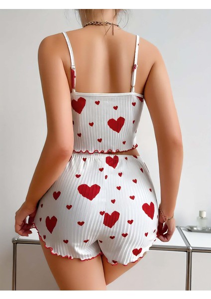 Venüsshopping- Pamuklu Beyaz Üstüne Kırmızı Kalp Desenli Askılı Şortlu Pijama Takımı modelleri