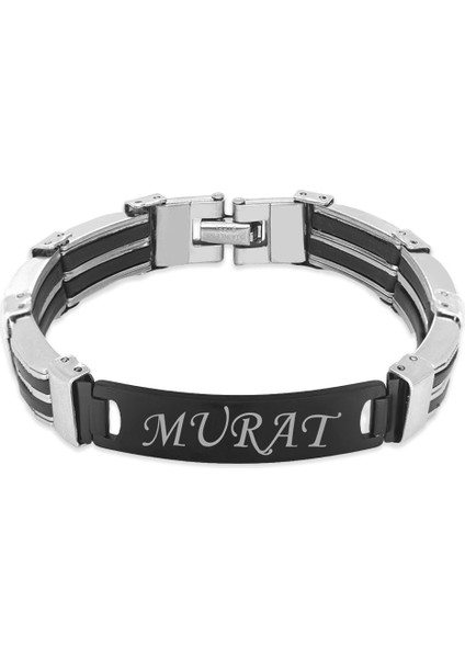 Isme Özel Yazılı Gümüş Siyah Renk Çelik Erkek Bileklik - M2