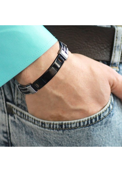 Isme Özel Yazılı Gümüş Siyah Renk Çelik Erkek Bileklik - M2 fırsatları