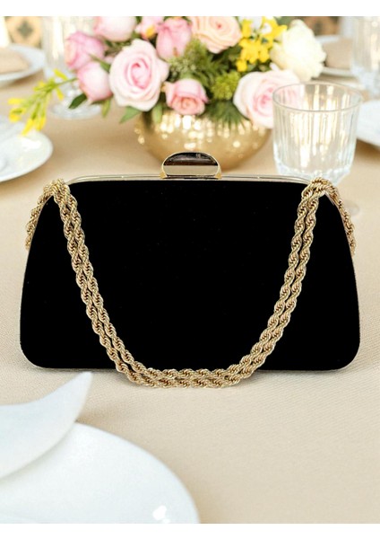 Siyah Renk Süet Zincir Detaylı Zincir Saplı Kadın Abiye Çanta Düğün Nişan Mezuniyet modelleri