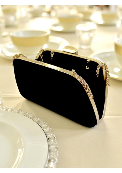 Siyah Renk Süet Zincir Detaylı Zincir Saplı Kadın Abiye Çanta Düğün Nişan Mezuniyet fırsatları