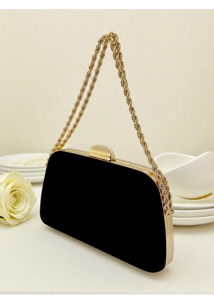 Siyah Renk Süet Zincir Detaylı Zincir Saplı Kadın Abiye Çanta Düğün Nişan Mezuniyet