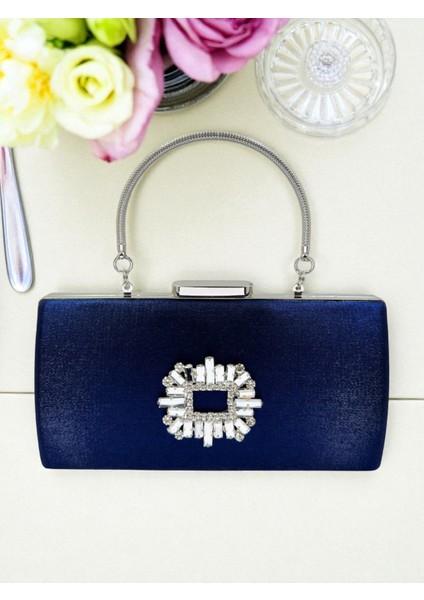 Lacivert Kristal Gümüş Taşlı Saten Abiye Çanta, Metal Saplı Şıklık modelleri