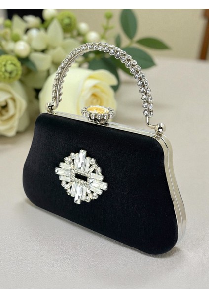 Siyah Renk Simli Saten Kristal Taşlı Saplı Kadın Abiye Çanta Düğün Nişan Mezuniyet fiyatları