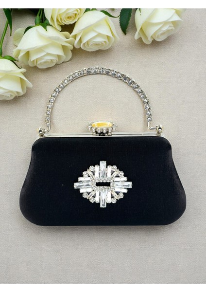 Siyah Renk Simli Saten Kristal Taşlı Saplı Kadın Abiye Çanta Düğün Nişan Mezuniyet modelleri