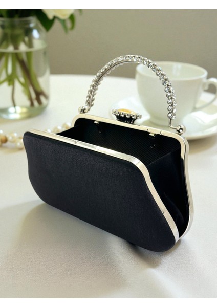 Siyah Renk Simli Saten Kristal Taşlı Saplı Kadın Abiye Çanta Düğün Nişan Mezuniyet fırsatları