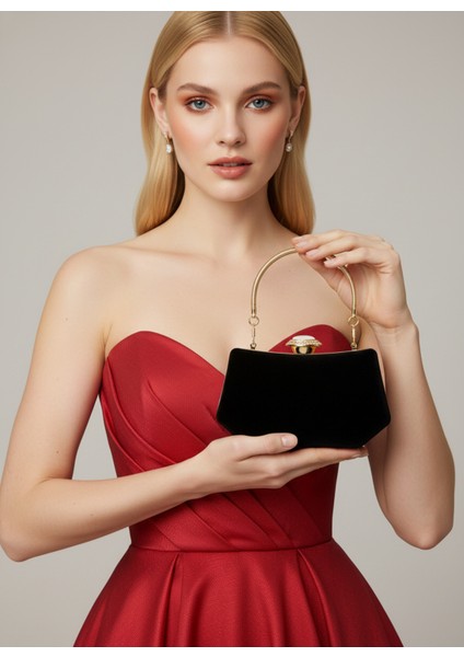 Siyah Renk Süet Taşlı Inci Detaylı Saplı Kadın Abiye Çanta Düğün Nişan Mezuniyet