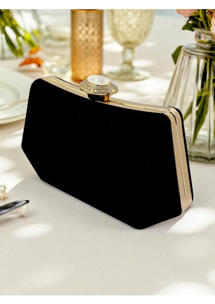 Siyah Renk Süet Taşlı Inci Detaylı Saplı Kadın Abiye Çanta Düğün Nişan Mezuniyet fiyatları