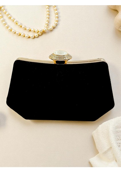 Siyah Renk Süet Taşlı Inci Detaylı Saplı Kadın Abiye Çanta Düğün Nişan Mezuniyet modelleri