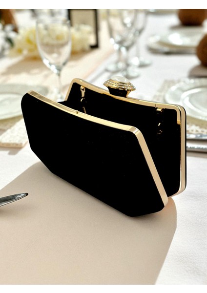 Siyah Renk Süet Taşlı Inci Detaylı Saplı Kadın Abiye Çanta Düğün Nişan Mezuniyet fırsatları