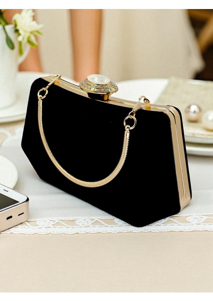 Siyah Renk Süet Taşlı Inci Detaylı Saplı Kadın Abiye Çanta Düğün Nişan Mezuniyet