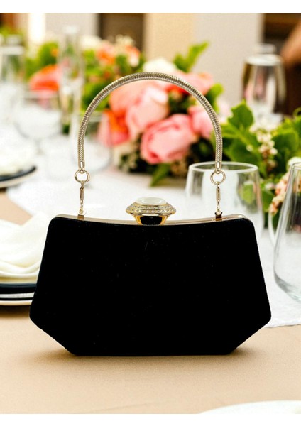 Siyah Renk Süet Taşlı Inci Detaylı Saplı Kadın Abiye Çanta Düğün Nişan Mezuniyet