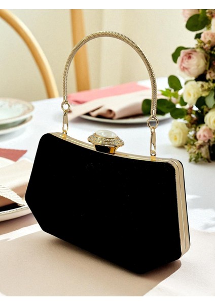 Siyah Renk Süet Taşlı Inci Detaylı Saplı Kadın Abiye Çanta Düğün Nişan Mezuniyet