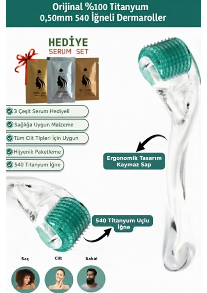 0,50MM 540 Iğneli Saç ve Cilt Bakım Dermaroller - Orijinal Titanyum Iğneli - Serum Seti Hediyeli