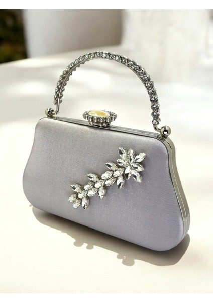 Gümüş Gri Renk Simli Saten Kristal Taşlı Saplı Kadın Abiye Çanta Düğün Nişan Mezuniyet fiyatları