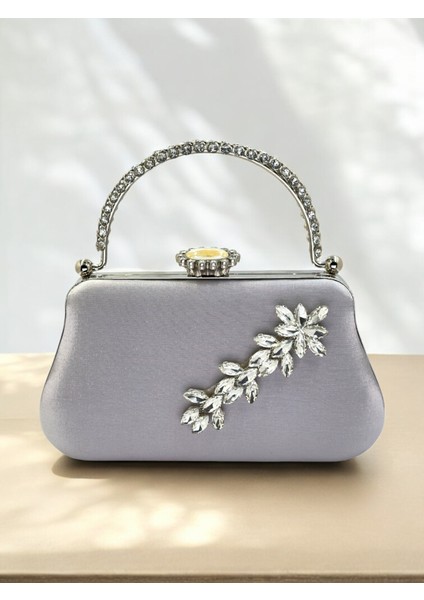 Gümüş Gri Renk Simli Saten Kristal Taşlı Saplı Kadın Abiye Çanta Düğün Nişan Mezuniyet modelleri