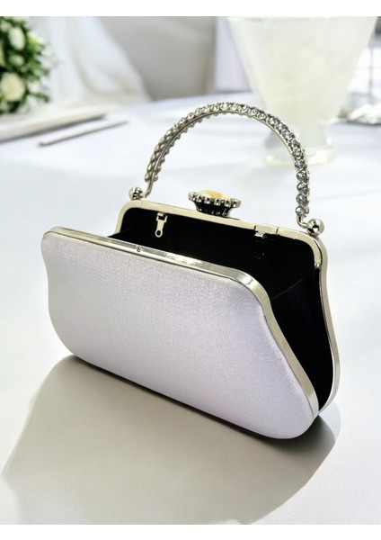 Gümüş Gri Renk Simli Saten Kristal Taşlı Saplı Kadın Abiye Çanta Düğün Nişan Mezuniyet fırsatları