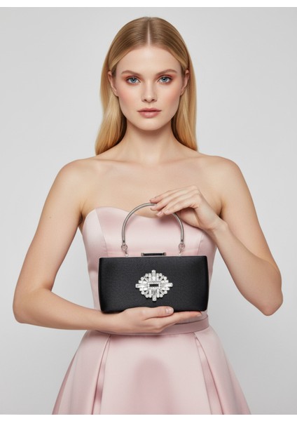 Siyah Kristal Gümüş Taşlı Saten Abiye Çanta, Metal Saplı Şıklık