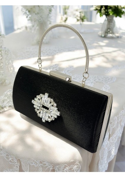 Siyah Kristal Gümüş Taşlı Saten Abiye Çanta, Metal Saplı Şıklık fiyatları
