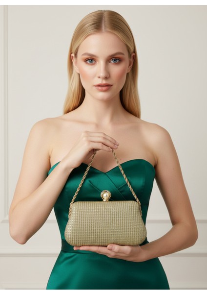 Altın Gold Renk Simli Taşlı Abiye Çanta | Lüks Düğün ve Gece Çantası