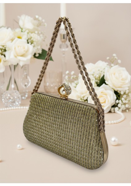 Altın Gold Renk Simli Taşlı Abiye Çanta | Lüks Düğün ve Gece Çantası fiyatları