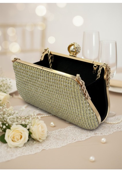 Altın Gold Renk Simli Taşlı Abiye Çanta | Lüks Düğün ve Gece Çantası fırsatları