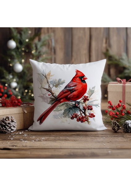 Yılbaşı Ardıç Kuşu Nakış Desenli, Dijital Baskılı, Çift Taraflı Kırlent Kılıfı. 2'li Set Kırlent Kılıfı